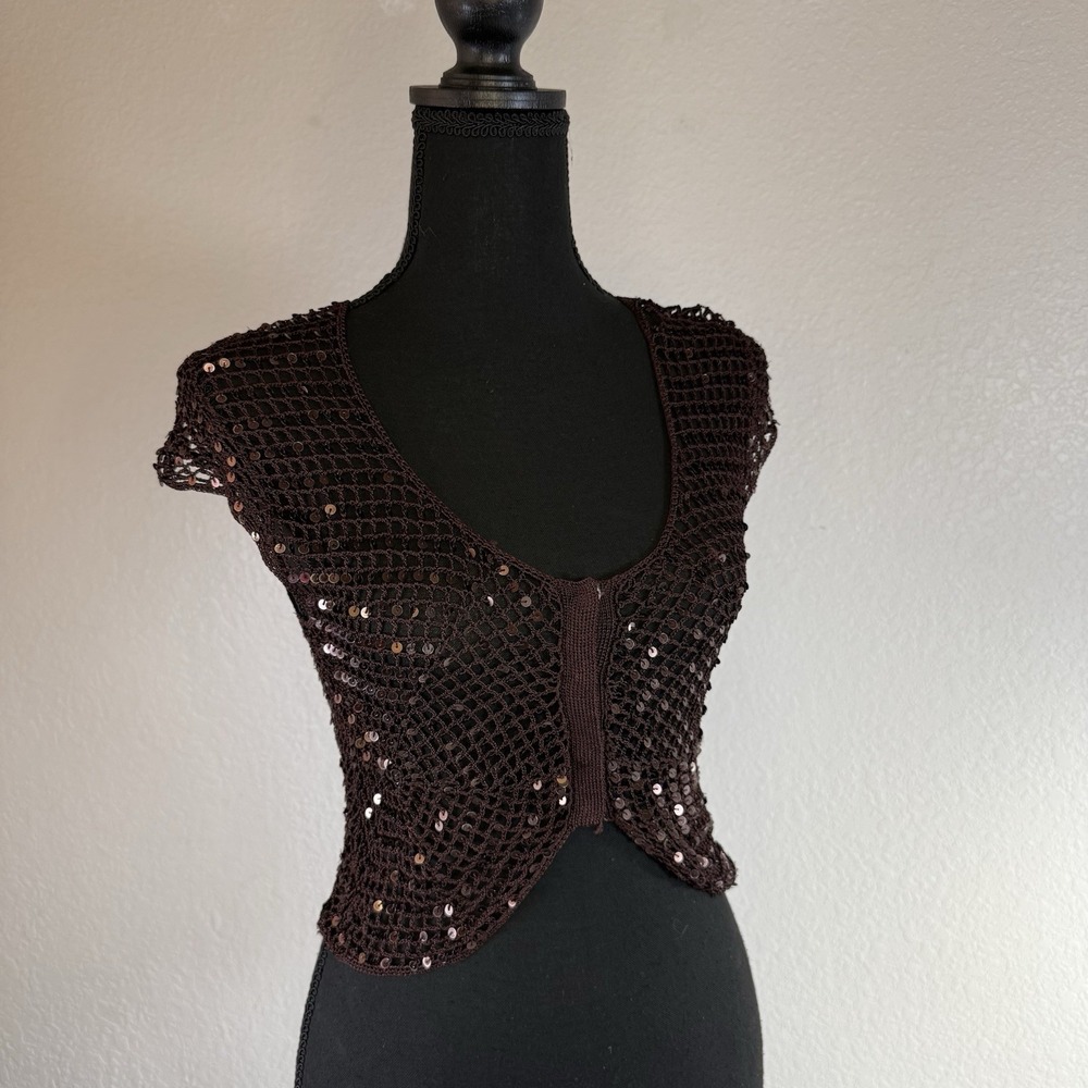 Vtg XOXO Collection Y2K Knit Mesh Sequin Vest Brown Sz Medium Cropped Rayon